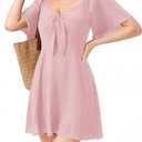 Arise Myst Womens Dresses 2025 Spring Summer Deep V Neck Casual Bow tie Mini Cocktail Beach Dress (Pink) XL