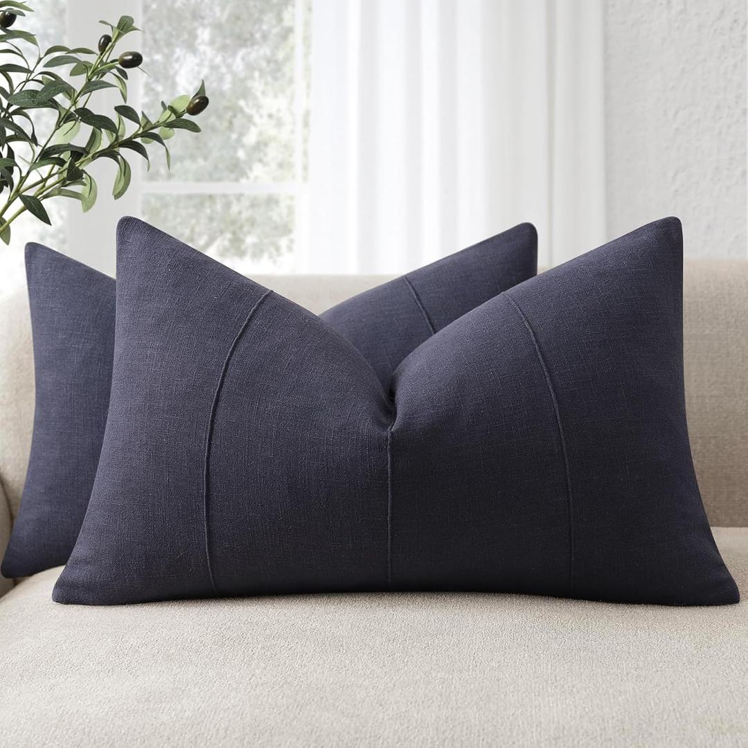 12x20 Pillow Covers Set of 2 Decorative Linen Lumbar Pillow Covers Solid handcrafted Striped Cushion Covers for Bed Soft Modern Farmhouse Neutral Pillowcase for Couch Bedroom Living Room (Dark Navy)