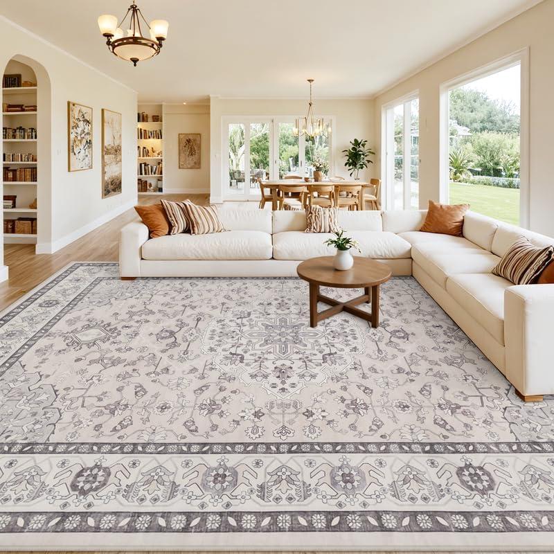 10x14 Area Rugs Living Room: Bedroom Washable Carpet Beige & Grey
Large Vintage Boho Indoor Decor Neutral Soft Nursery Farmhouse Dining Room Office Floor Non-Slip Low Pile Under Table Rug
