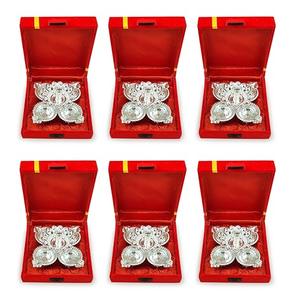 BENGALEN German Silver Diya Oil Lamp with Red Velvet Box Panchmukhi Dia Pooja Items Home Decoration Puja Gifts Handmade Diwali Gift Traditional Indian Dhanteras Deepawali Upahaar Pack of 6
