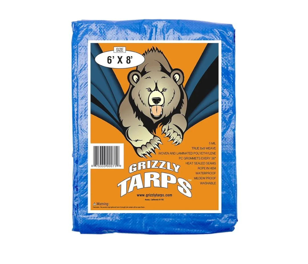Grizzly Tarps by B-Air 6' x 8' Large Multi-Purpose Waterproof Heavy Duty Poly Tarp with Grommets Every 36", 8x8 Weave, 5 Mil Thick, For Home, Boats, Cars, Camping, Protective Cover, Blue