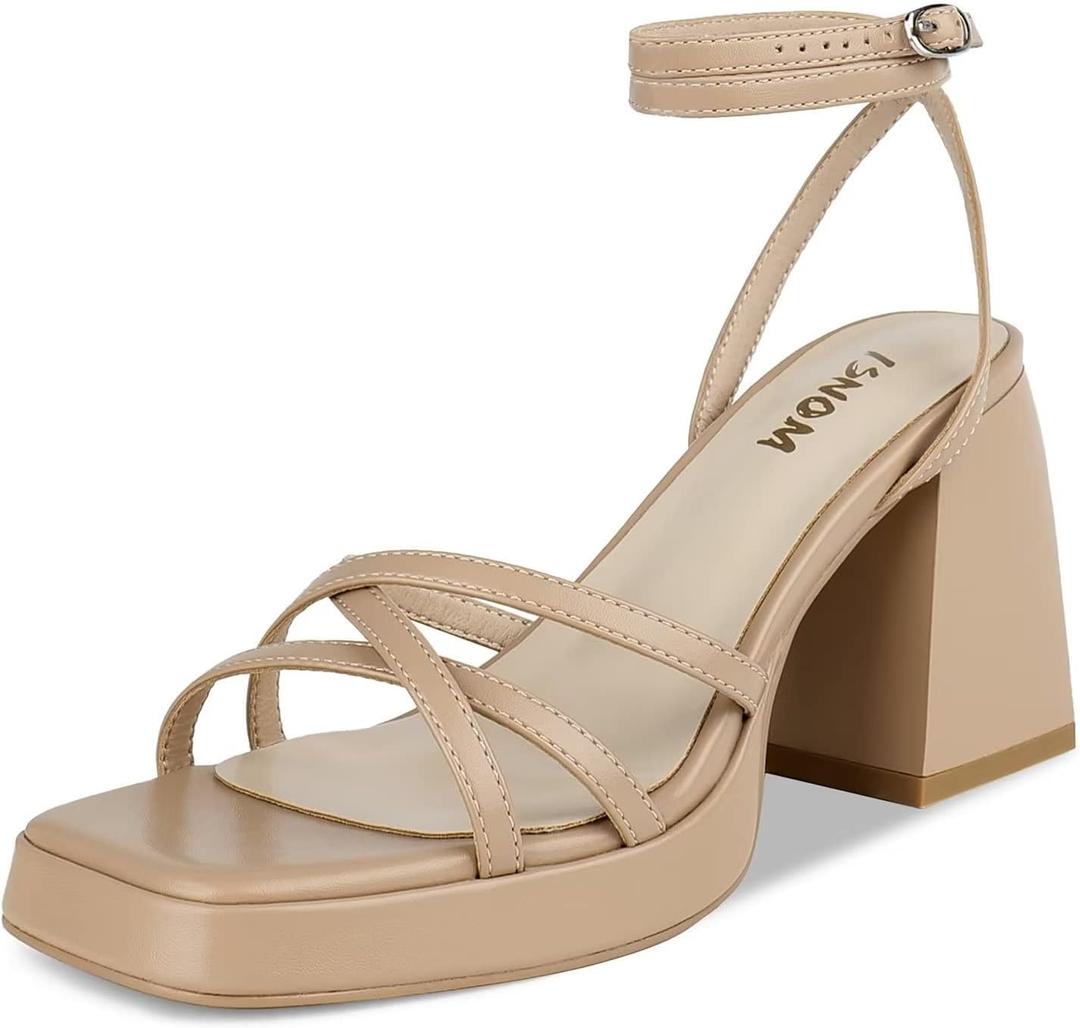 ISNOM Platform Block Heels Women Comfortable Strappy Heels Short Block Chunky Sandals Ankle Strap Simple Summer Heeled Sandals Square Toe (7, Mattenude)