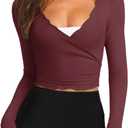 LASLULU Womens Tie Front Wrap Tops Long Sleeve Bolero Shrugs Crop Cardigan Yoga Ballet Cover up Tops Pilates Outfits (Medium, Burgundy)