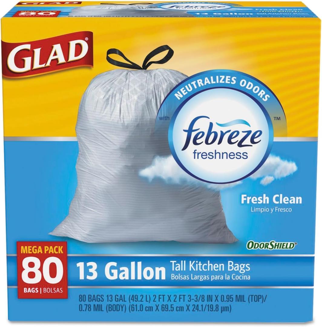 Glad 78899BX OdorShield Tall Kitchen Drawstring Bags, Fresh Clean, 13 gal, White, 80/Box