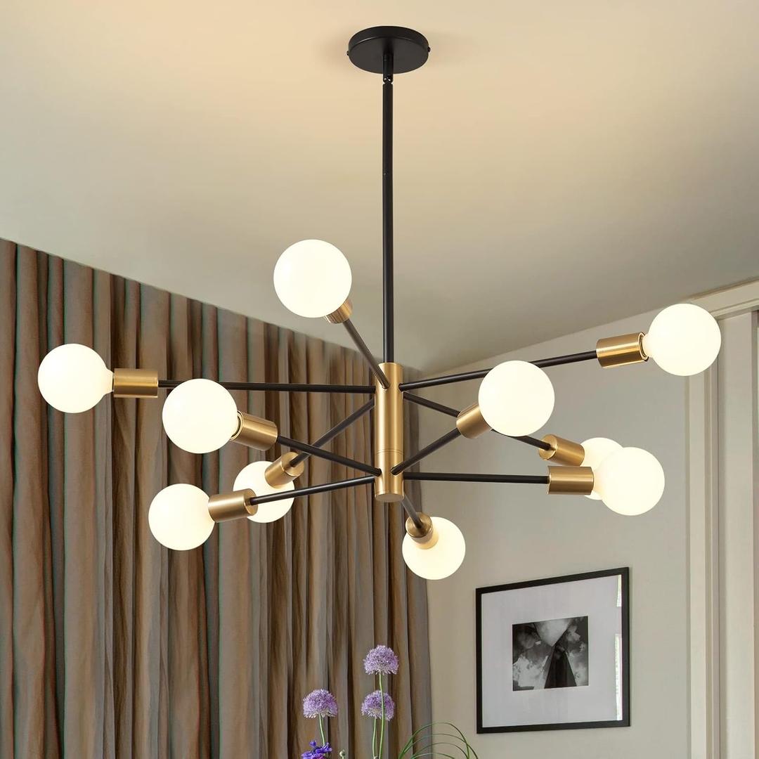 KAISITE Modern Chandelier Dining Room Light Fixture Over Table 10-Light Sputnik Chandelier Ceiling Light Fixture Height Adjustable Black and Gold Mid Century Pendant Lighting for Kitchen Living Room