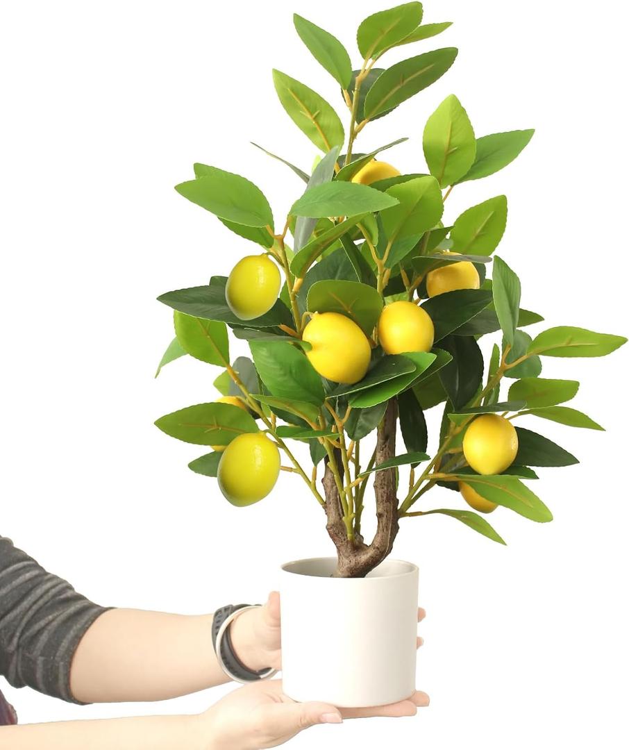Artificial Potted Plant, 18 Indoor Fake Lemon Tree Greenery with White Pot Faux Green Plants Lemon Citrus Branches Stems for Kitchen Office Living Room Table Desk Home Decor