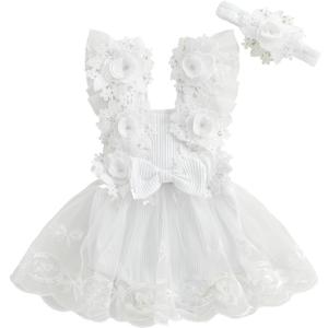 Infant Baby Girl Romper Dress Sleeveless Bow Flower Lace Tulle Dress Bodysuit Headband Newborn Summer Outfits (3-6 Months, White)