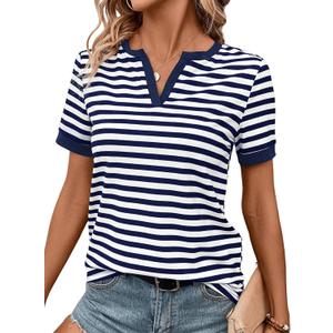 LilyCoco Striped Shirt Women V Neck T Shirts Short Sleeve Color Block Summer Tops Notch Navy X-Large (Blue, XL)