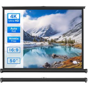 50 inch Small Projector Screen, Goldengrainv Retractable Pull Up Screen, Floor Projector Screen, 16:9 4K Portable Screen for Projector, Roll Down Movie Screen for Gaming Indoor, Mini White Screen