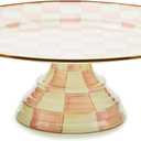 MACKENZIE-CHILDS Enamel Pedestal Platter, Round Cake Stand, Large, Pink-and-White Rosy Check