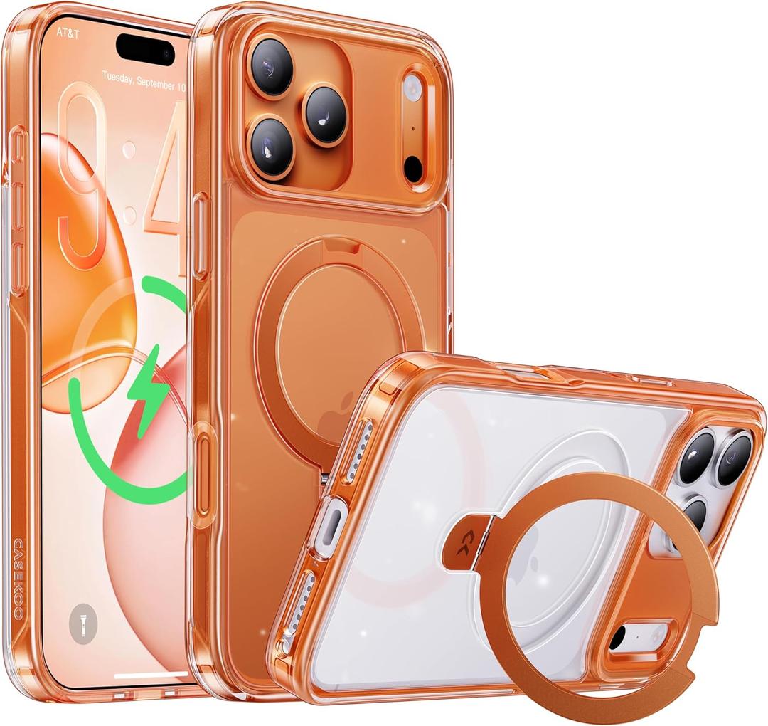 CASEKOO Official Cosmic Orange for iPhone 17 Pro Case with Ultra Magnetic Stand, Fit for MagSafe, 16FT Military Grade Protection, Transparent Slim Cover for iPhone 17 Pro 6.3'', Orange