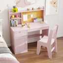 FTZxHKLX Kids Study Desk with Chair, Children Study Table and Chairs for 5-12 Years Old, Wooden Kids Desk and Chair Set with Hutch and Storage Cabinet for Bedroom, Study Room, Pink