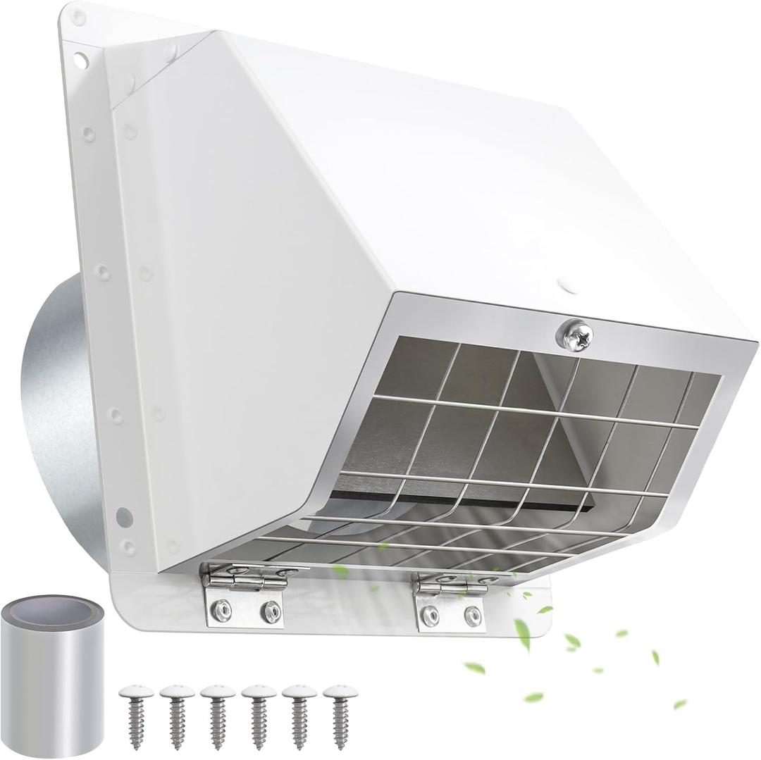 4 Inch Dryer Vent Cover Outside with Mesh, Wall Vent Exhaust Vent Cover Wall Mount Extractor Vent with Flap, Exterior Vent Cover Cap Outdoor Dryer Vent Cover for Dryer Ducting House AC,White