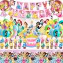 62PCS Disne Princess Party Supplies, Birthday Decorations Set Include Banner, Balloons, Backdrop, Cupcake Toppers, Tablecloth, Hanging Swirls for Kids Princess Theme Birthday Party