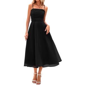PRETTYGARDEN Womens Summer Dresses 2025 Spaghetti Strap Sleeveless Smocked Flowy Midi Wedding Guest Dress with Pockets (Small, Black)