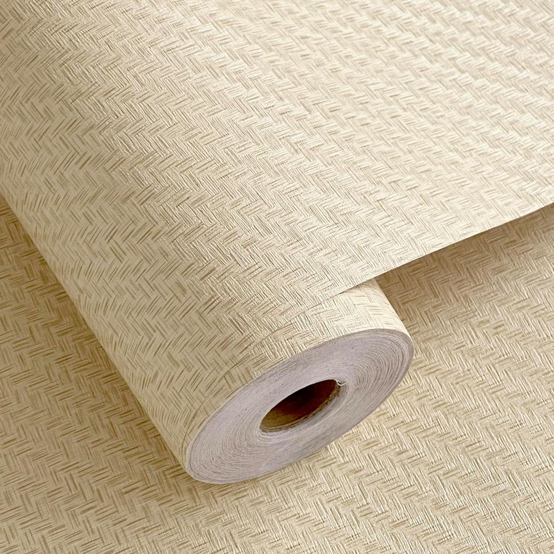 Haimin Fabric Wallpaper Textured Contact Paper (24in X 393in) Grasscloth Wallpaper Peel and Stick Faux Linen Wall Paper Self-Adhesive Vinyl Looks Like Woven Straw (Yellow Beige)