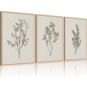 Framed Vintage Floral Wall Art Set of 3 Large Beige Botanical Prints Modern Farmhouse Picture Poster Minimalist Wall Decor Painting for Living Room Dining Bedroom 16x24 Inches (White plants)