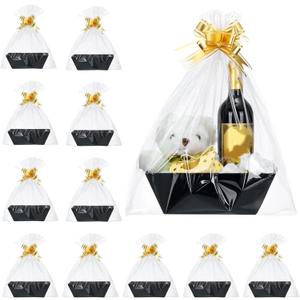Thenshop 44 Pcs Basket for Gifts Empty Gift Basket Bulk Include 12 Cardboard Tray 12 Plastic Bags and 20 Pull Bows for Christmas Fall Halloween Birthday Wedding Party DIY Wrapping(Solid,Black)
