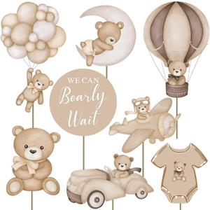 16Pcs Bear Baby Shower Centerpieces for Cake Table Decorations We Can Bearly Wait Baby Shower Decorations for Boy Bear Cake Toppers Bearly Wait Baby Shower Party Decorations
