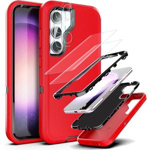 YmxhcY Case Designed for Galaxy S23 with Self Healing Flexible TPU Film[2 Pack] and Lens Protective Film[2 Pack],3-in-1 Heavy Protection Cover for Samsung Galaxy S23 6.1 D-Red and Black