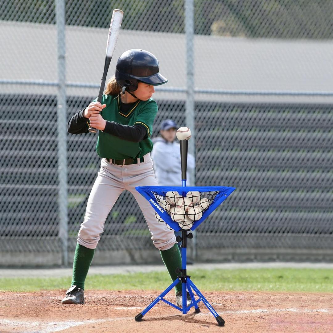 BaseGoal Baseball Softball Tee, Portable Batting Tee, Tripod Stand Rubber Tee for Hitting Training Practice with Removable Baseball Ball Caddy