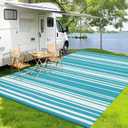 GarveeHome Outdoor Rug Mat for Patio, 9x12 Plastic Straw Rug, Modern Striped Outdoor Camping Rugs for Patio, RV, Porch, Deck, Backyard, Balcony, Camping, Trailer (Blue)