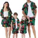 PATPAT Family Matching Outfits Hawaiian Dad and Me Beach Tropical Plant Allover Flower Print Shirt and Shorts Set (Small, Classic Black)