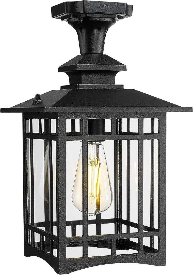 Emliviar Outdoor Semi Flush Mount Ceiling Light Fixture, 15.4 Inch Black Porch Light Ceiling Mount with Clear Glass for Proch, E26 Base Socket, XE309F-M BK, Standard - Clear Glass