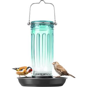 Kingsyard Glass Bird Water Dispenser for Outdoor, 16 Oz, Bird Water Feeder with Metal Hanging for Garden Yard Fence Decoration Hummingbird Cardinal Bluebird Finch, Green