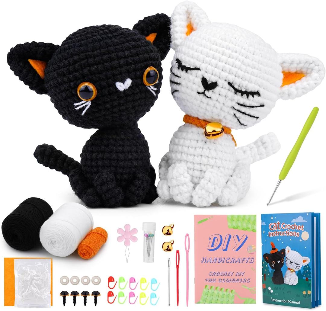 Pnytty Crochet Kit for Beginners, Crochet Animal Kit, 2PCS Cat Starters Crochet Kits Knitting Kit with Yarn, Crochet Hooks, Video Tutorials, Easy Crocheting for Adults Craft (Black and white cat)