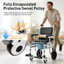 Shower Chair with Wheels 4 in 1 Folding Padded Bedside Commode Wheelchair Height Adjustable Detachable Bucket with Wheels Lifting Armrests Flip-up Footrest for Elderly Disabled