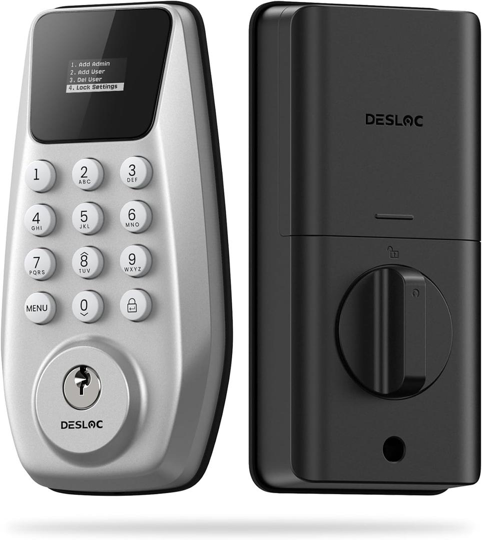 DESLOC C100 Keyless Entry Door Lock with Visual Display, 100 Customizable User Codes and 4 One-Pass code, door locks for front door with 2 Keys,12 Months Battery, IP54, BHMA Grade 3, Auto Lock, Silver
