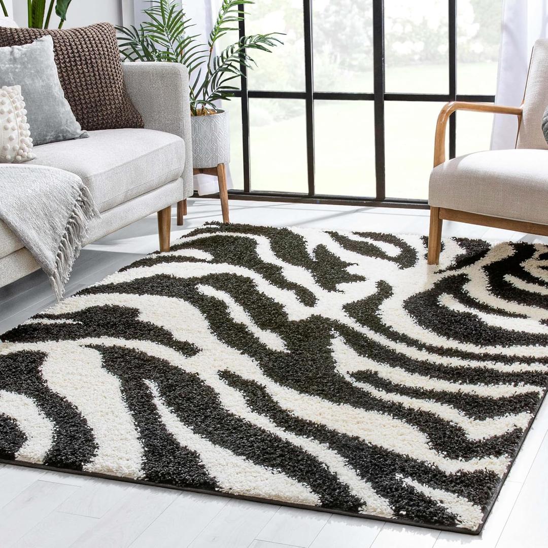 Well Woven Madison Shag Safari Zebra Black Animal Print Area Rug 5' X 7'2''