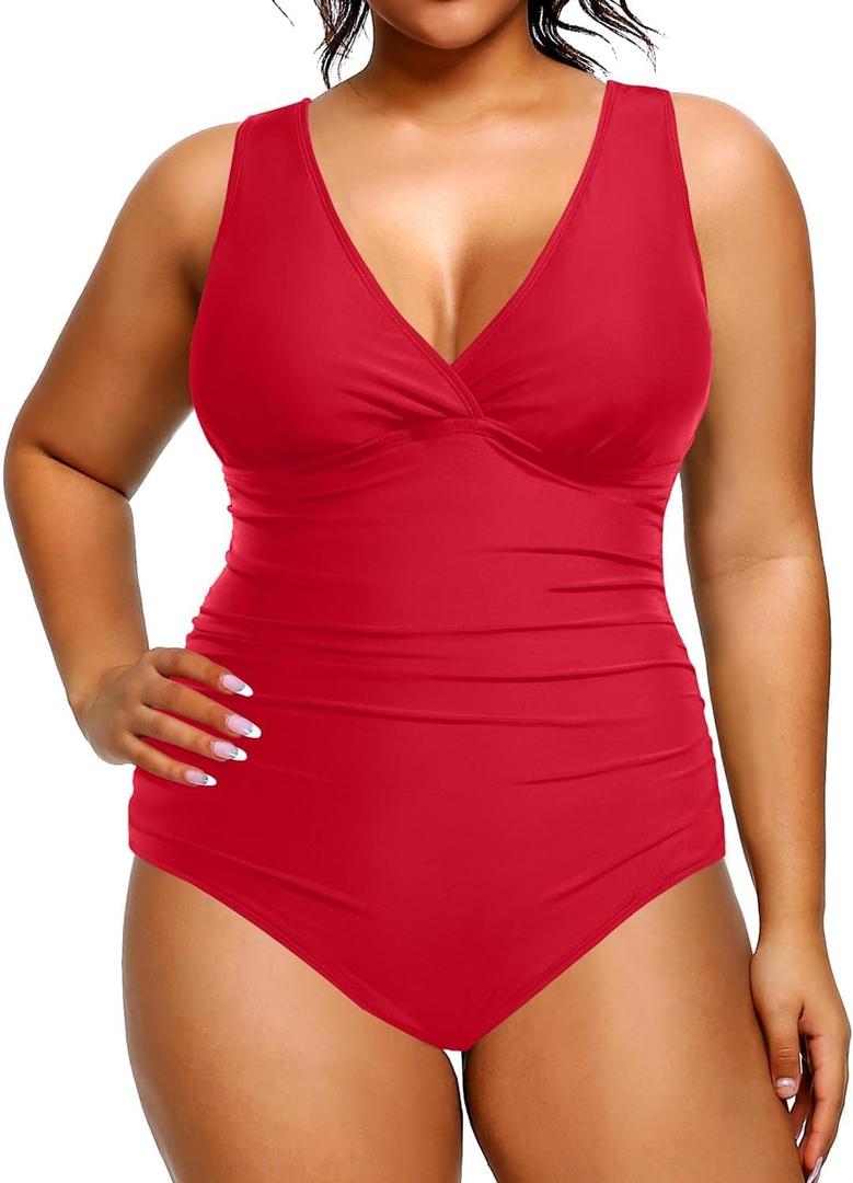 Aqua Eve Women Plus Size One Piece Swimsuits Tummy Control Bathing Suits V Neck Ruched Swimwear Red, 22W
