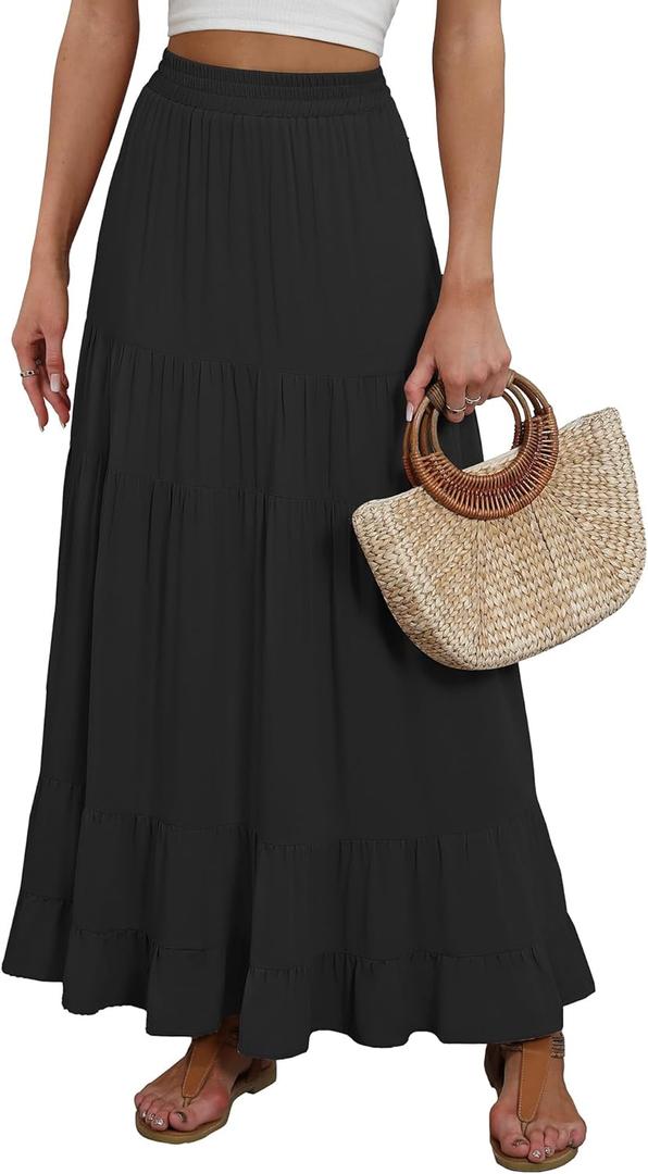 ANRABESS Womens Maxi Skirt Elastic High Waist Swing Tiered A-line Flowy Pleated Boho Beach Vacation Long Skirts XL
