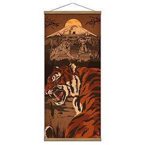 Samurai Spirit With Ferocity Tiger Japan Retro Warrior Canvas Wall Art Print Poster Scroll Wood Framed to Hanging Wall Home Karate Hall Sushi Restaurant Decor 16”x35”