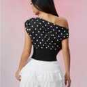 GORGLITTER Women's Polka Dots One Shoulder Y2k Crop Tops Asymmetrical Neck Short Sleeve T Shirt (S)