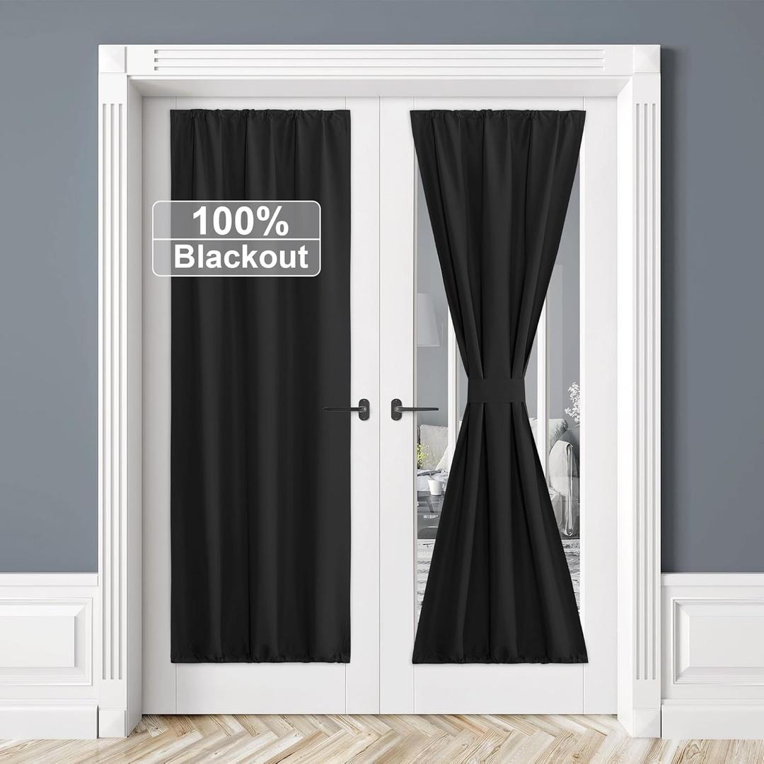 RYB HOME 100% Blackout Door Curtain Lightweight Portable and Easy to Install, Fully Room Darkening Privacy for French Door Kitchen Sidelight Window, W 25 x L 72, Black, 1 Panel