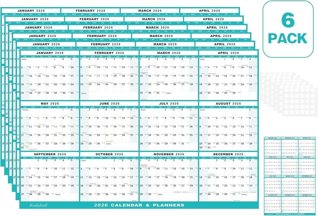 6pcs 32" x 48" 2026 Wall Calendar, Folded Wet & Dry Erase Wall Calendar 12 Month, Annual Yearly Planner Yearly Laminated Calendar 2026 Horizontal/Vertical, with Julian Dates