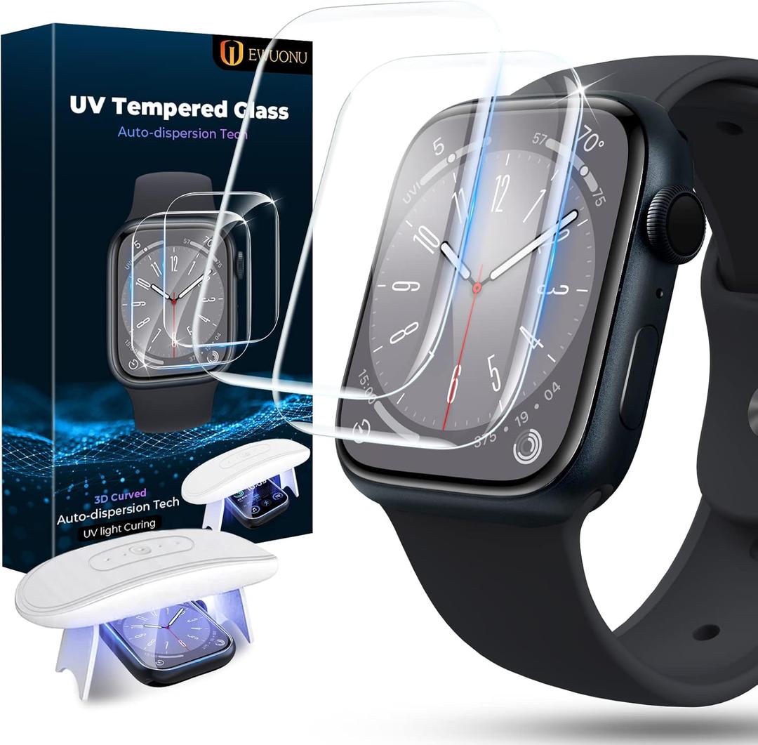 EWUONU[2 Pack Tempered Glass Screen Protector for Apple Watch Series 9/ Series 8/7 45mm, [Auto-Dispersion Tech] Full Coverage Waterproof Bubble Free HD Clear Film for iWatch Series 9 Series 8/7 45mm