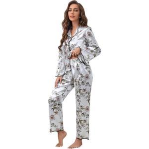 WDIRARA Women's Satin 2 Piece Pajama Sets Long Sleeve Pants Button Down Sleepwear (S)