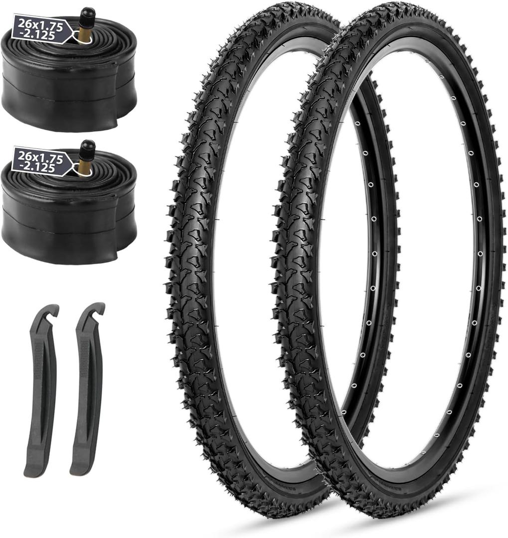 MOHEGIA Mountain Bike Tires Set: 2-Pack 26x1.95/26x2.125 Inch Folding Replacement Bicycle Tires and Pair Inner Tubes with Tire Levers for MTB Off-Road Bike