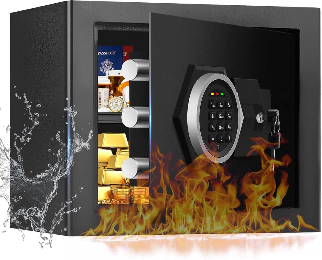 1.3 Cub Small Safes for Home, Anti-Theft Fire Security Safe Box with Digital Keypad, Spare Keys & Removable Shelf, Personal Document Safety Box Fireproof Waterproof for Money Valuables