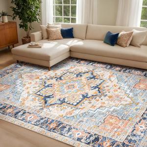 Washable Area Rugs 9x12 Living Room Boho Non Slip Thin Carpet Stain Resistant Vintage Multicolor Printed Oriental Distressed Rug for Bedroom Low Pile (Skyblue/Apricot/Navy/Ivory)