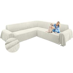 ALIECOM Corner Sectional Couch Covers L Shape Sofa Cover with Tassel Chenille Soft Thick U Shaped Sectional Slipcovers Washable Furniture Protector for Pets Dogs Cats (Creamy White, 91x251 Inch)
