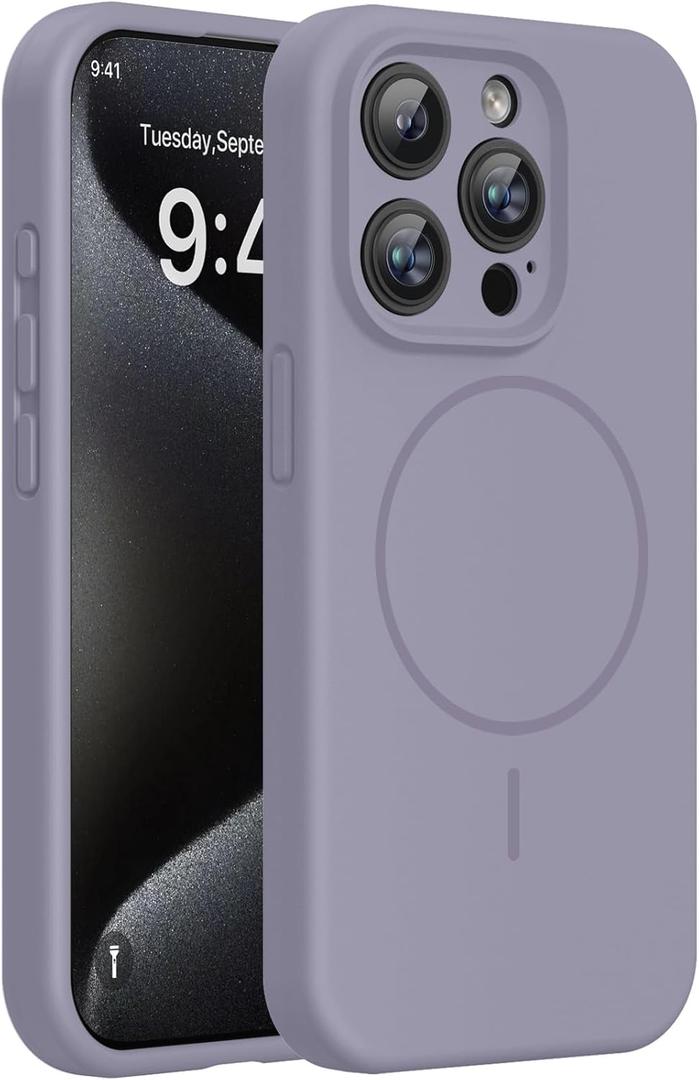 Miracase Magnetic for iPhone 15 Pro Case, [Soft Anti-Scratch Microfiber Lining], Compatible with MagSafe, Liquid Silicone Shockproof Drop Protection Phone Case for 15 Pro, Lavender Gray
