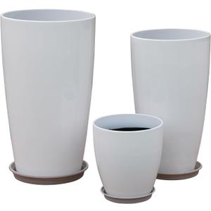 24,21,11 Inch Large Plastic Planters with Drainage Hole and Saucer - Set of 3 Tall Plant Pots Indoor Flower Pot Tall Round Planters Outdoor Large Tall Planter (White)