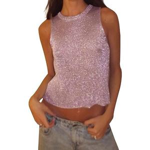 Meladyan Women Sexy Fishnet Knit Glittering Crop Tank Going Out Top Sheer Mesh Sleeveless Crewneck Solid Slim Cropped Tops, Large, Pink