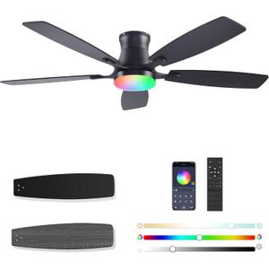 54inch Ceiling fans with Lights, Low Profile RGB Ceiling fan with Light and Remote/App Control, Dimmable, DC Reversible Motor, Noiseless, 6 Speeds, Black Ceiling Fan For Bedroom Indoor Outdoor