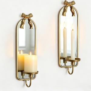 Gold Candle Sconces Wall Decor: Modern Decorative Wall Candle Holder Set of Two for Bedroom - Vintage French Metal Bow Mirror Sconces Beside Fireplace TV